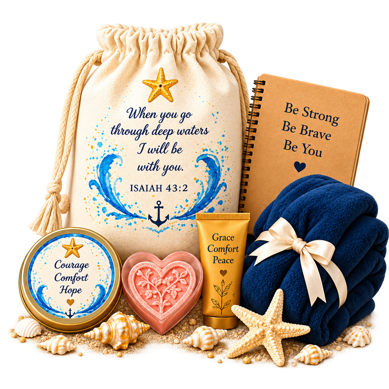 An illustration of an ivory care bag, encouragement book, navy blanket, and thoughtful gifts nestled into a coastal scene