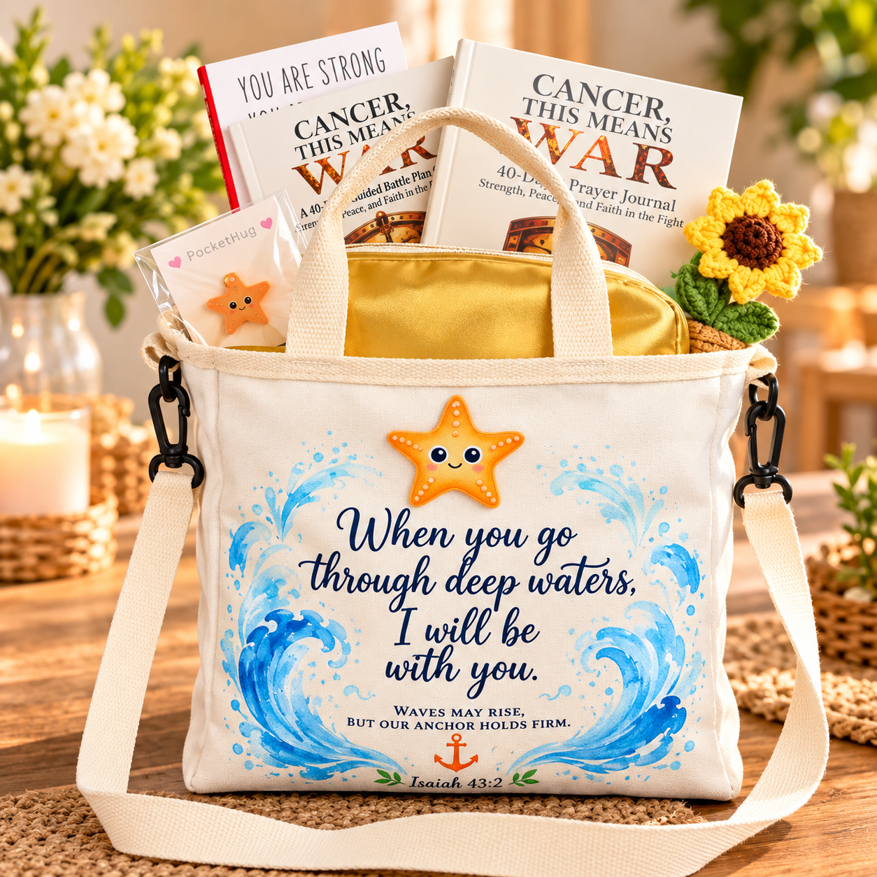 Coastal care package tote with books, a starfish pocket hug, and a crocheted sunflower